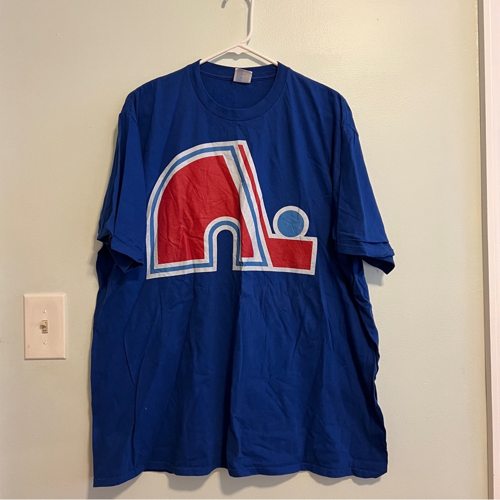 Blue Graphic T-Shirt with Red and White Design